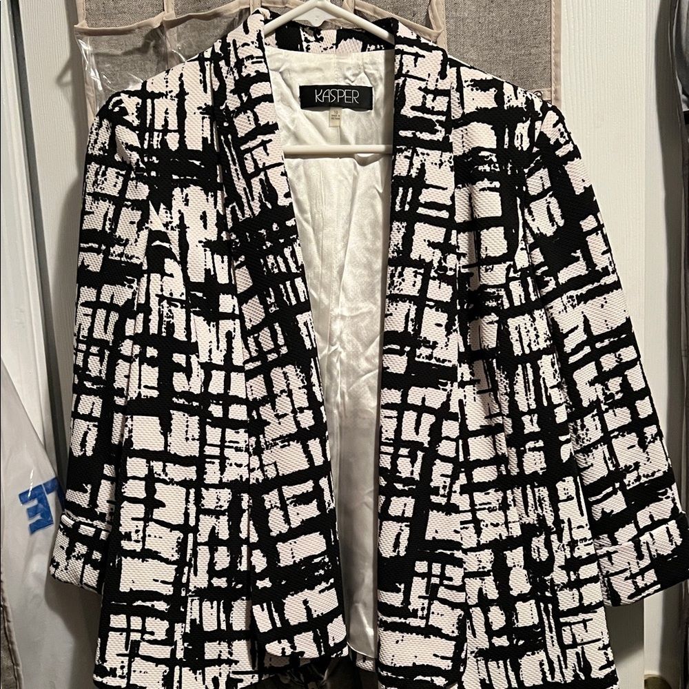 Kasper Monochrome Grid Pattern Blazer - Black & White Geometric - Size 10 - Picture 2 of 6